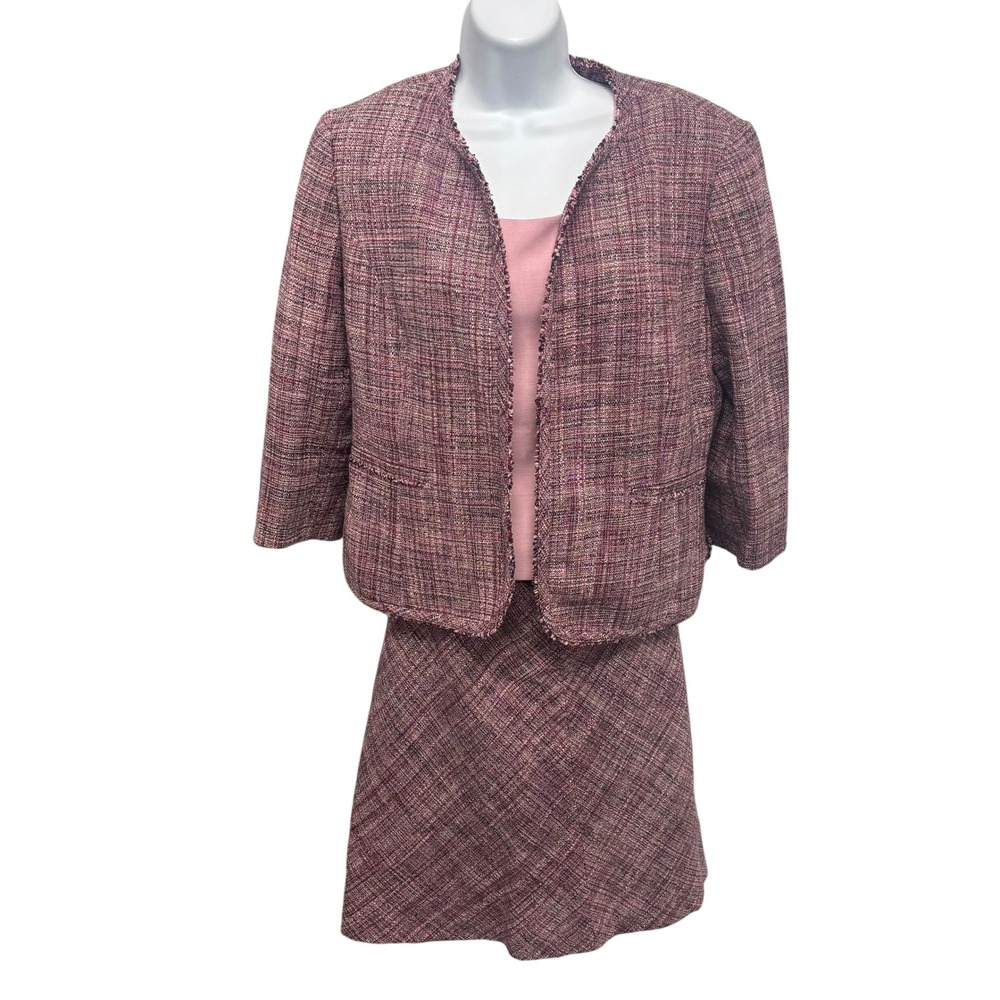 Kasper Petite 12P 3-Piece Skirt Suit‎ Set Pink Mauve Tweed Jacket Shell Skirt